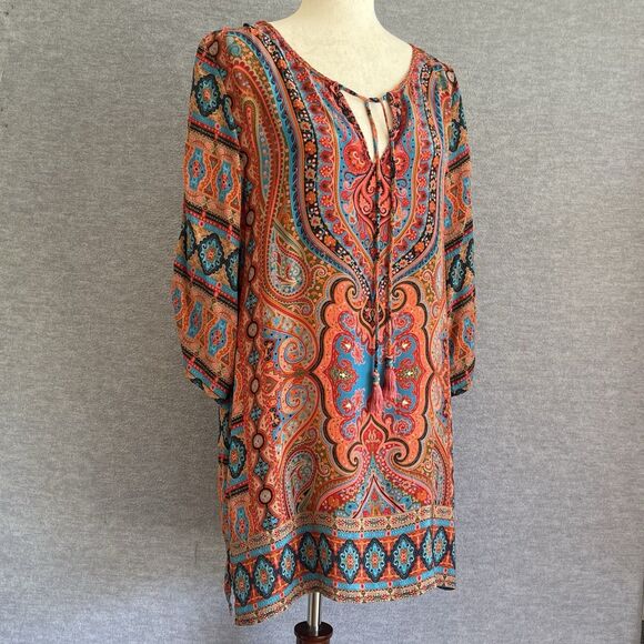 Tolani Boho Silk Tunic Dress Size M Vibrant Festival Hippie Tassels Cover Up - Picture 2 of 16